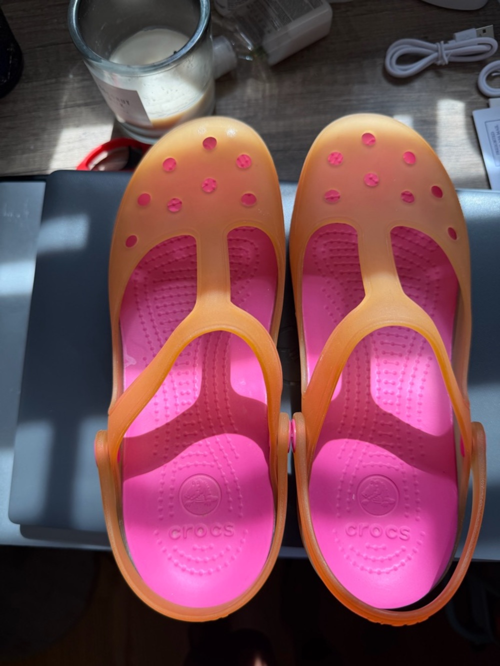 CROCS Kids' Pink and Orange Mary Jane-Style Clogs